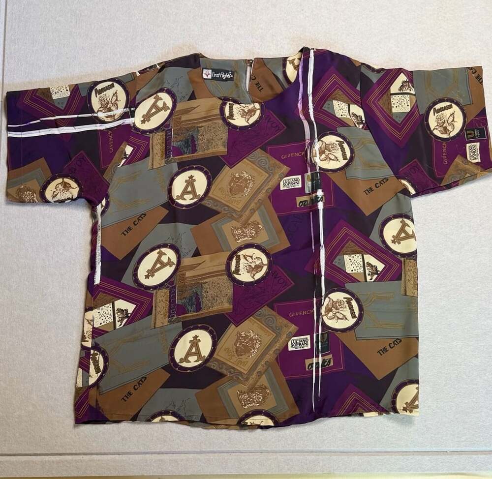 First Flight Vintage Women’s Blouse Scarf Print Purple Brown Short Sleeve